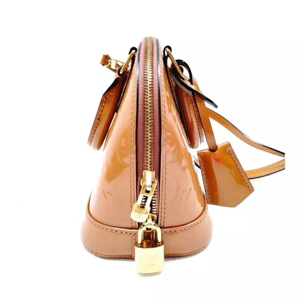 Auth Louis Vuitton Camel Brown Vernis Patent Leather 2way LV Alma BB Satchel
